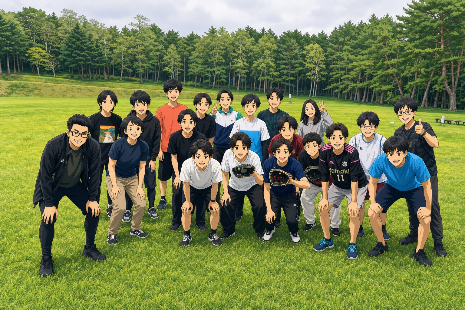 研究室夏合宿 2026 でのソフトボールの集合写真（アニメ風）
