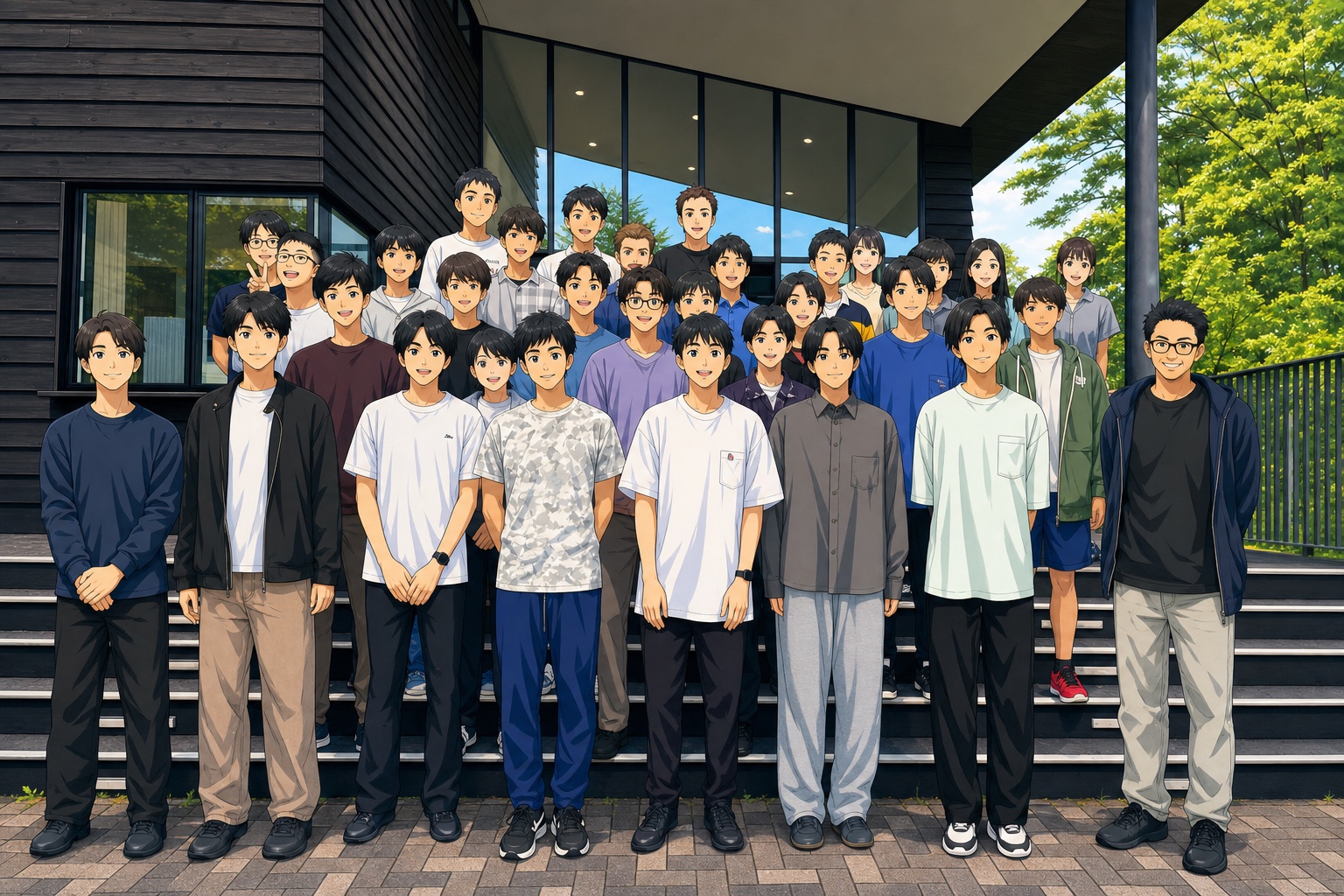 軽井沢セミナーハウスでの研究室夏合宿 2026 の集合写真（アニメ風）