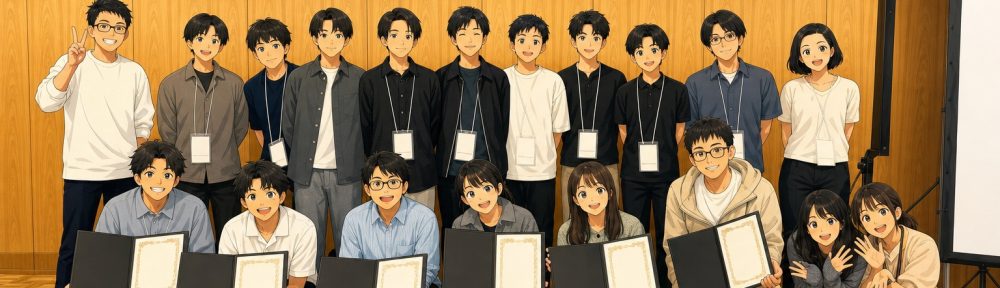 Anime-style illustration of NSL members holding award certificates at CSS 2026